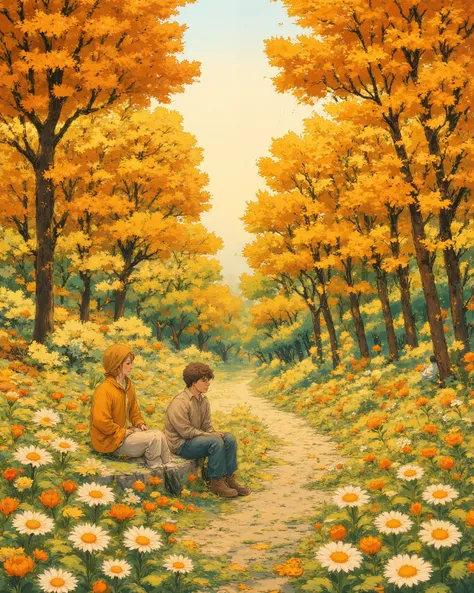 A romantic anime-style illustration of a boy and girl sitting together in a dreamy wildflower meadow, surrounded by tall golden grass and orange-white flowers, under a canopy of autumn trees with golden leaves. Sunlight softly filters through the branches,...
