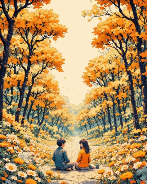A romantic anime-style illustration of a boy and girl sitting together in a dreamy wildflower meadow, surrounded by tall golden grass and orange-white flowers, under a canopy of autumn trees with golden leaves. Sunlight softly filters through the branches,...