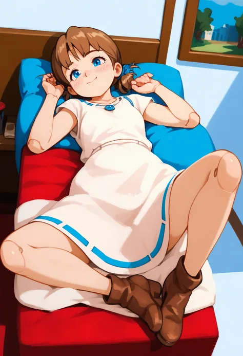  A mechanical mature lady is  very short pigtails, brown hair, Hair tie with two red big red clothespins, android, blue eyes, flushed cheeks, anime picture, full body figure. She closes her eyes and sleeping. She wares light beige one-piece dress and simpl...