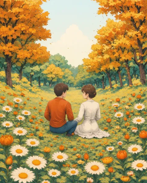 A romantic anime-style illustration of a boy and girl sitting together in a dreamy wildflower meadow, surrounded by tall golden grass and orange-white flowers, under a canopy of autumn trees with golden leaves. Sunlight softly filters through the branches,...