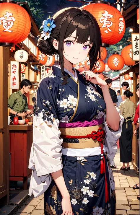 Takiuchikami, check it out, bungs, black hair with a young pattern, purple eyes,smile,cover,open your mouth,narrows her eyes,side lock,single bun hair,Medium breast,flower hair ornament,Blue flower pattern kimono,standing,Light up fireworks,Japanese stalls...