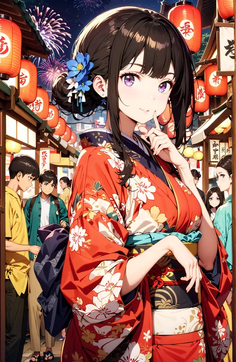 Takiuchikami, check it out, bungs, black hair with a young pattern, purple eyes,smile,cover,open your mouth,narrows her eyes,side lock,single bun hair,Medium breast,flower hair ornament,Blue flower pattern kimono,standing,Light up fireworks,Japanese stalls...