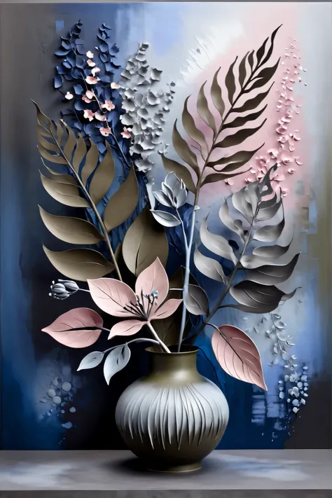  in the style of ikebana neo-surrealism with elements of dark botanical Large sculptural leaves with a matte texture and abstract, distorted flowers, Flowers Delicate, surreal forms, contrasting with the massiveness of the leaves, Color palette Monochrome ...