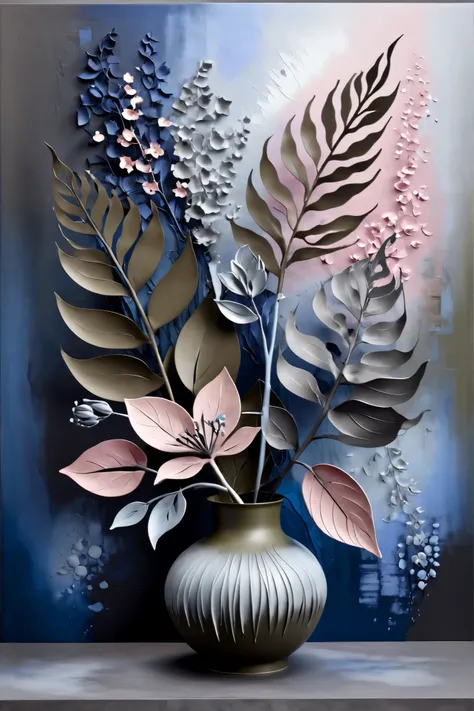  in the style of ikebana neo-surrealism with elements of dark botanical Large sculptural leaves with a matte texture and abstract, distorted flowers, Flowers Delicate, surreal forms, contrasting with the massiveness of the leaves, Color palette Monochrome ...