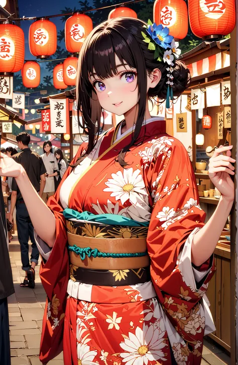 Takiuchikami, check it out, bungs, black hair with a young pattern, purple eyes,smile,cover,open your mouth,narrows her eyes,side lock,single bun hair,Medium breast,flower hair ornament,Blue flower pattern kimono,standing,Light up fireworks,Japanese stalls...