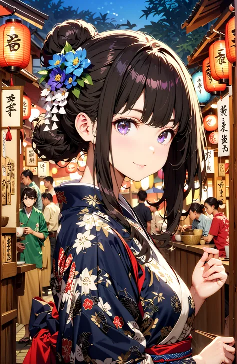 Takiuchikami, check it out, bungs, black hair with a young pattern, purple eyes,smile,cover,open your mouth,narrows her eyes,side lock,single bun hair,Medium breast,flower hair ornament,Blue flower pattern kimono,standing,Light up fireworks,Japanese stalls...