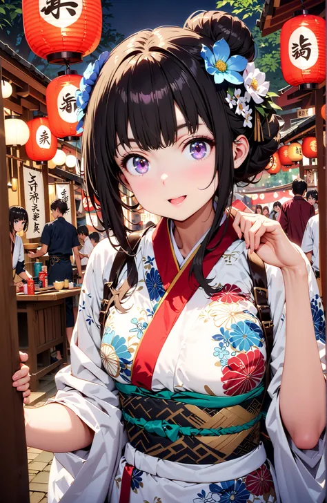 Takiuchikami, check it out, bungs, black hair with a young pattern, purple eyes,smile,cover,open your mouth,narrows her eyes,side lock,single bun hair,Medium breast,flower hair ornament,Blue flower pattern kimono,standing,Light up fireworks,Japanese stalls...