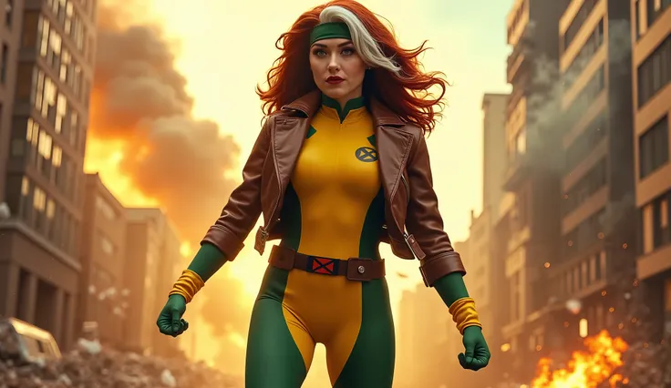 Cinematic shot of A stunning beautiful Rogue from the X-Men, wearing her classic green and yellow tight costume with a brown leather jacket with the sleeves rolled-up. Her outfit includes a brown belt, green gloves, yellow boots, and the iconic brown jacke...