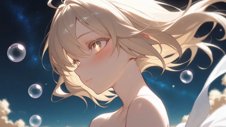 ((Best quality)), ((Masterpiece)), ((Ultra-detailed)), (Illustration), (Fine lighting), (Extremely delicate and beautiful), a girl, a lovely face, upper body, two legs, perspective strapless long dress, (Beautifully delicate eyes), stars in my eyes, floati...