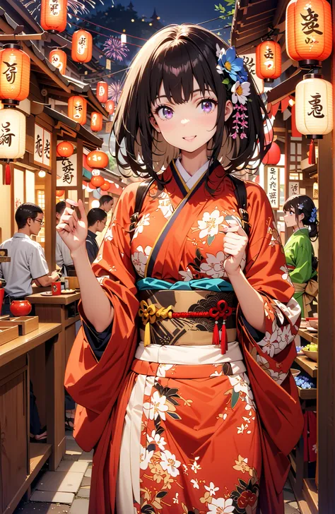Takiuchikami, check it out, bungs, black hair with a young pattern, purple eyes,smile,cover,open your mouth,narrows her eyes,Medium breast,flower hair ornament,Blue flower pattern kimono,standing,Light up fireworks,Japanese stalls ,Red Lantern,night,full b...