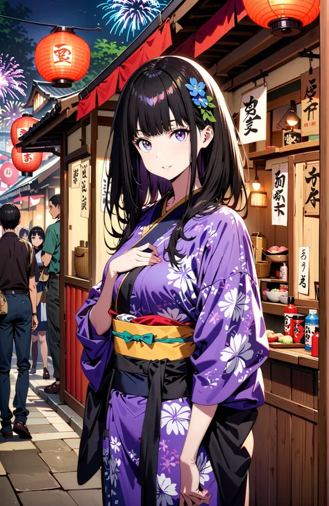 Takiuchikami, check it out, bungs, black hair with a young pattern, purple eyes,long hair,smile,cover,open your mouth,narrows her eyes,Medium breast,flower hair ornament,Blue flower pattern kimono,standing,Light up fireworks,Japanese stalls ,Red Lantern,ni...
