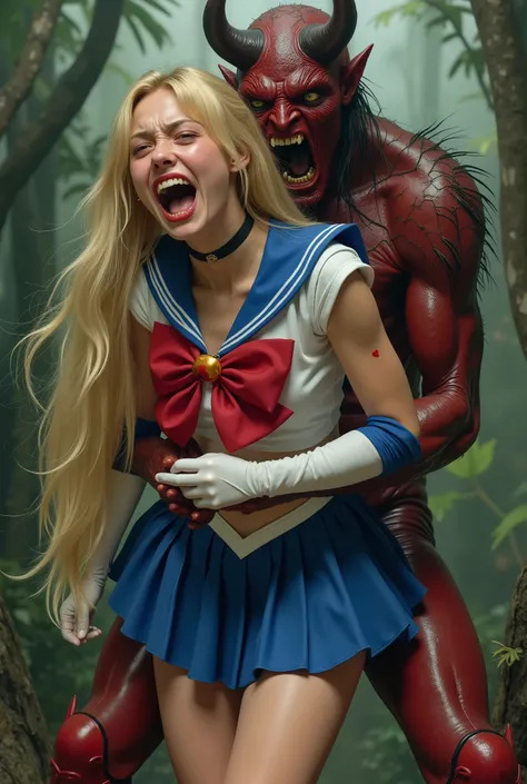 Hyperrealism, masterpiece, highest quality, A young Japanese woman is bending down and hugging from behind by a devil, ((she is crying and screaming in pain)), a bit of blood on her inner thighs, tears from her eyes, painful face, she is wearing a Sailor M...
