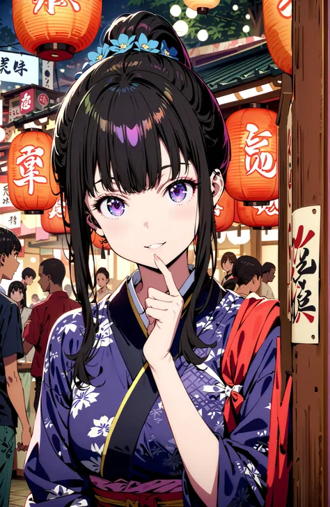 Takiuchikami, check it out, bungs, black hair with a young pattern, purple eyes,side lock,ponytail,smile,cover,open your mouth,narrows her eyes,Medium breast,flower hair ornament,Blue flower pattern kimono,standing,Light up fireworks,Japanese stalls ,Red L...