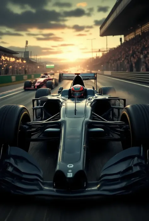 a spectacular, award-winning image of an F1 racing race, 8K, hyperrealistic, detailed, dramatic composition, high-speed racing car, sleek aerodynamic design, driver wearing racing suit, intense expression, gripping the steering wheel, surrounded by blurred...