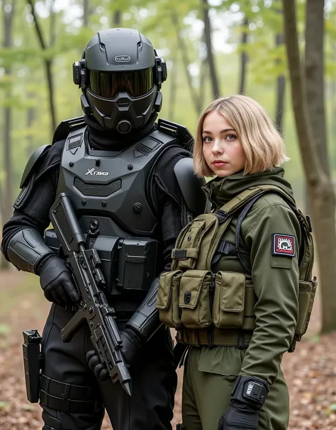 A futuristic male soldier in luxury black armor is standing wearing a hard gear. A forest next to a person in military style equipment. The soldier is carrying a knife and has high-tech details on his armor., , The companion is wearing a dark green tactica...