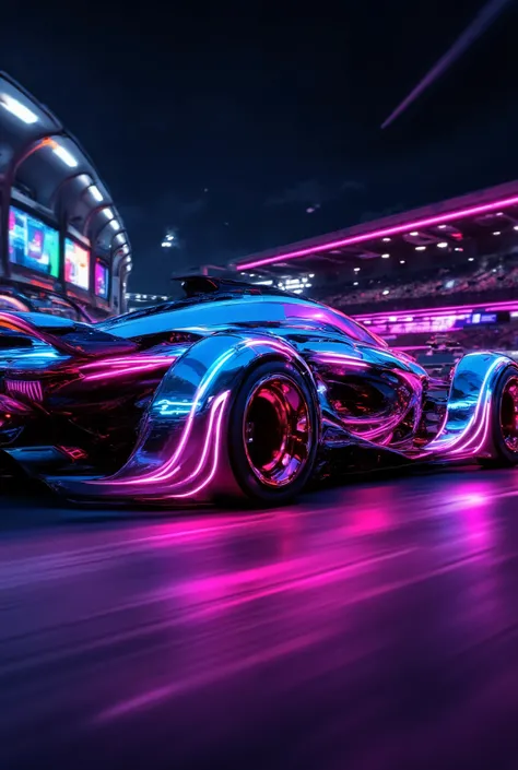 F1 race car, chrome metallic body, neon trail effects, dynamic high speed motion, dramatic lighting, racetrack environment, futuristic cyberpunk aesthetic, professional 3D render, hyper-detailed, ultra-realistic, 8K, HDR, physically-based rendering, vivid ...