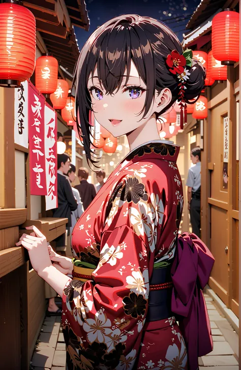 yuki suou, bungs, brown hair, black hair with a young pattern,side lock, smile,cover,open your mouth,single bun hair,Nape, o, purple eyes,flower hair ornament,Black flower pattern kimono,Light up fireworks,Japanese stalls ,night,Red Lantern,standing,full b...