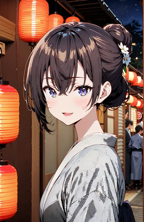 yuki suou, bungs, brown hair, black hair with a young pattern,side lock, smile,cover,open your mouth,single bun hair,Nape, o, purple eyes,flower hair ornament,Black flower pattern kimono,Light up fireworks,Japanese stalls ,night,Red Lantern,standing,full b...