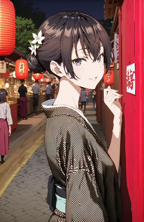 yuki suou, bungs, brown hair, black hair with a young pattern,side lock, smile,cover,open your mouth,single bun hair,Nape, o, purple eyes,flower hair ornament,Black flower pattern kimono,Light up fireworks,Japanese stalls ,night,Red Lantern,standing,full b...