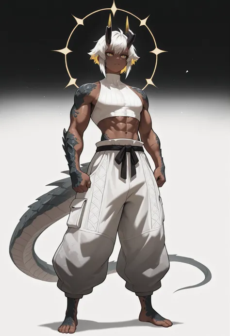 muscular creature, dark horns, yellow eyes, short spiky white hair, short hair, (baggy pants:1.3), pants, arms with scales, gradient scales from gray to white, scales on arms and legs, calm pose, athletic, dark skin tone, dynamic view BREAK background is s...