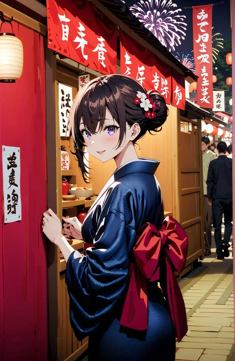 yuki suou, bungs, brown hair, black hair with a young pattern,side lock, smile,cover,open your mouth,single bun hair,Nape, o, purple eyes,flower hair ornament,Black flower pattern kimono,Light up fireworks,Japanese stalls ,night,Red Lantern,standing,full b...