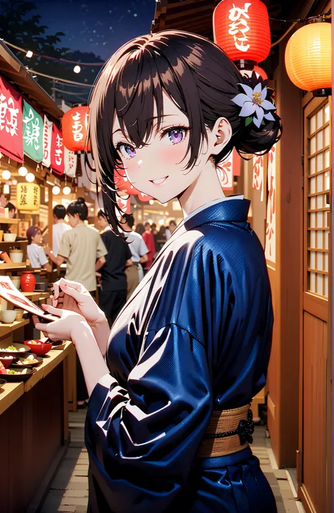 yuki suou, bungs, brown hair, black hair with a young pattern,side lock, smile,cover,open your mouth,single bun hair,Nape, o, purple eyes,flower hair ornament,Black flower pattern kimono,Light up fireworks,Japanese stalls ,night,Red Lantern,standing,full b...