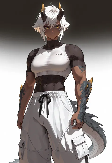 muscular creature, dark horns, yellow eyes, short spiky white hair, short hair, (baggy pants:1.3), pants, tight shirt, arms with scales, gradient scales from gray to white, scales on arms and legs, calm pose, athletic, dark skin tone, dynamic view BREAK ba...