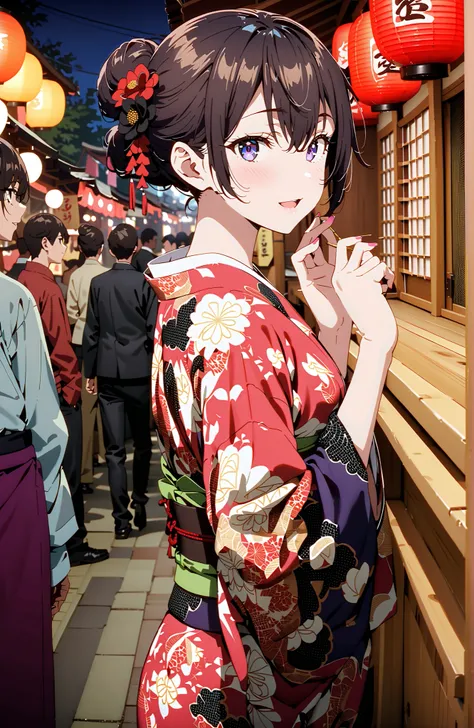 yuki suou, bungs, brown hair, black hair with a young pattern,side lock, smile,cover,open your mouth,single bun hair,Nape, o, purple eyes,flower hair ornament,Black flower pattern kimono,Light up fireworks,Japanese stalls ,night,Red Lantern,standing,full b...