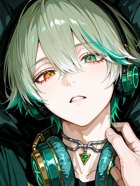 Best Quality,high resolution,male性,one person only,人物はmale性一名のみ,male！！！,
Hair color is ash green,short hair,Close to mash,Her hair is short,
Just one bundle of thin beige mesh on the right side of the hair,
easygoing face,I wear cat ear headphones with an ...