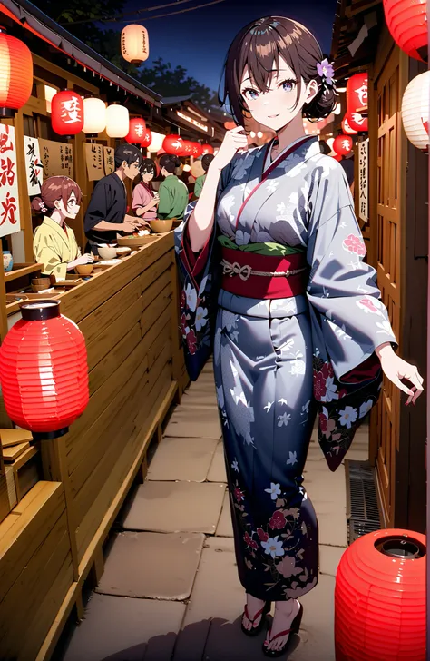 yuki suou, bungs, brown hair, black hair with a young pattern,side lock, smile,cover,open your mouth,single bun hair,Nape, o, purple eyes,flower hair ornament,Black flower pattern kimono,Light up fireworks,Japanese stalls ,night,Red Lantern,standing,full b...