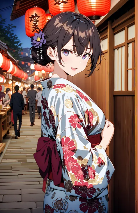 yuki suou, bungs, brown hair, black hair with a young pattern,side lock, smile,cover,open your mouth,single bun hair,Nape, o, purple eyes,flower hair ornament,Black flower pattern kimono,Light up fireworks,Japanese stalls ,night,Red Lantern,standing,full b...