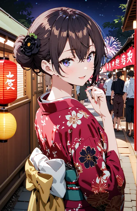 yuki suou, bungs, brown hair, black hair with a young pattern,side lock, smile,cover,open your mouth,single bun hair,Nape, o, purple eyes,flower hair ornament,Black flower pattern kimono,Light up fireworks,Japanese stalls ,night,Red Lantern,standing,full b...