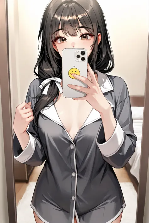 draw me manhwa girl, detailed texture, detailed feature,  hd quality, [ 8K Quality ] Perfect body, perfect Porpotions, [ Masterpiece ], mature girl, medium chest with respect, fair skin, expressive, standing,mirror selfie, close up, grabbing 1 phone, brown...