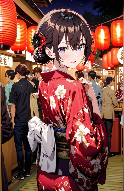 yuki suou, bungs, brown hair, black hair with a young pattern,side lock, smile,cover,open your mouth,single bun hair,Nape, o, purple eyes,flower hair ornament,Black flower pattern kimono,Light up fireworks,Japanese stalls ,night,Red Lantern,standing,full b...