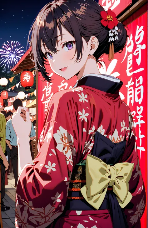 yuki suou, bungs, brown hair, black hair with a young pattern,side lock, smile,cover,open your mouth,single bun hair,Nape, o, purple eyes,flower hair ornament,Black flower pattern kimono,Light up fireworks,Japanese stalls ,night,Red Lantern,standing,full b...
