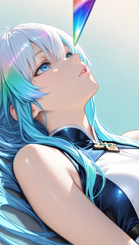 Best Quality,realistic , sketch , one girl on her back, Shining Blue Eyes ,glossy lips, 無地のobject, turquoise gradient background, neon hair, textured crop , , (masterpiece,Best Quality,rainbow style)、object、WHITE COLOR