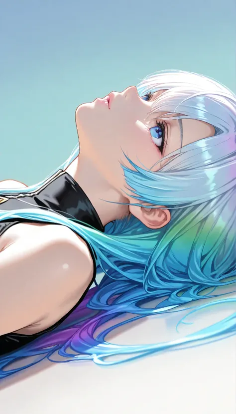 Best Quality,realistic , sketch , one girl on her back, Shining Blue Eyes ,glossy lips, 無地のobject, turquoise gradient background, neon hair, textured crop , , (masterpiece,Best Quality,rainbow style)、object、WHITE COLOR