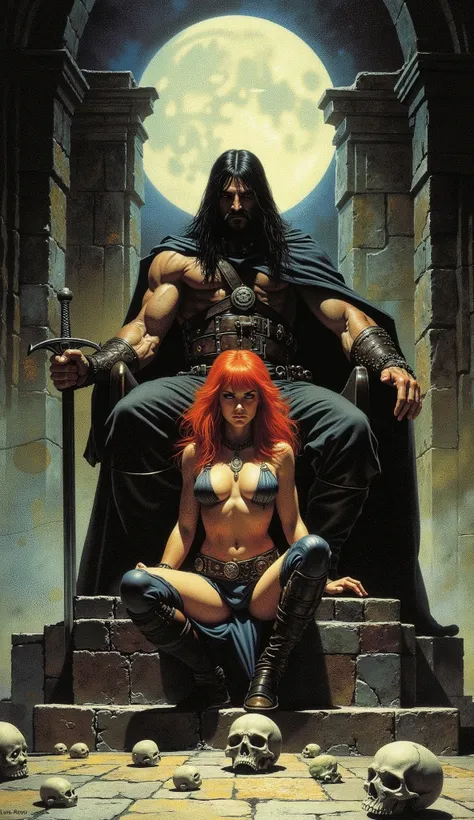 A powerful warrior with long black hair and imposing muscles sits on a throne, holding a sword, surrounded by an ominous atmosphere. Below him, a fierce female warrior with fiery red hair and minimal armor strikes a confident pose, seated gracefully on a l...
