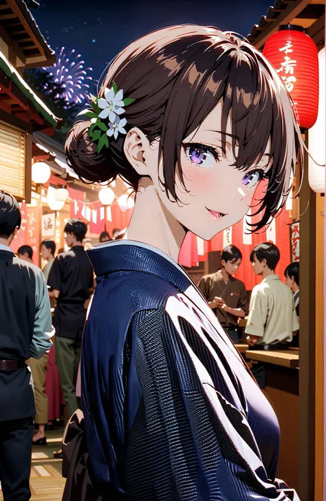 yuki suou, bungs, brown hair, black hair with a young pattern,side lock, smile,cover,open your mouth,single bun hair,Nape, o, purple eyes,flower hair ornament,Black flower pattern kimono,Light up fireworks,Japanese stalls ,night,Red Lantern,standing,full b...