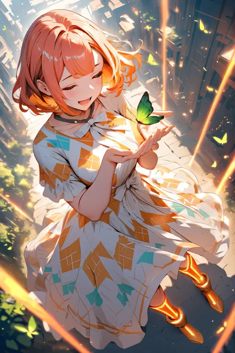 (masterpiece, best quality),solo,sherryg,a girl\(pink orange bob hair,closed eyes,open her mouth,big smile),clothes\(white fluffy long one piece dress, orange cute patterns on the dress,orange laser boots with white bow\),she looks solo green butterfly on...