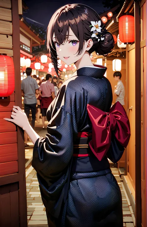 yuki suou, bungs, brown hair, black hair with a young pattern,side lock, smile,cover,open your mouth,single bun hair,Nape, o, purple eyes,flower hair ornament,Black flower pattern kimono,Light up fireworks,Japanese stalls ,night,Red Lantern,standing,full b...