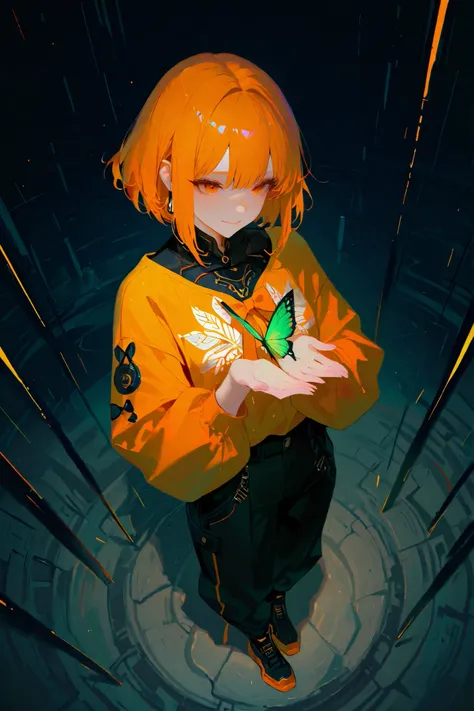 (masterpiece, best quality),solo,sherryg,a girl\(very light orange bob hair,big warm orange eyes,gentle smile),cool stylish clothes\(orange fluffy shirt with white patterns,long pants,nikkapokka style,black laser boots with orange bow\),she looks solo gree...