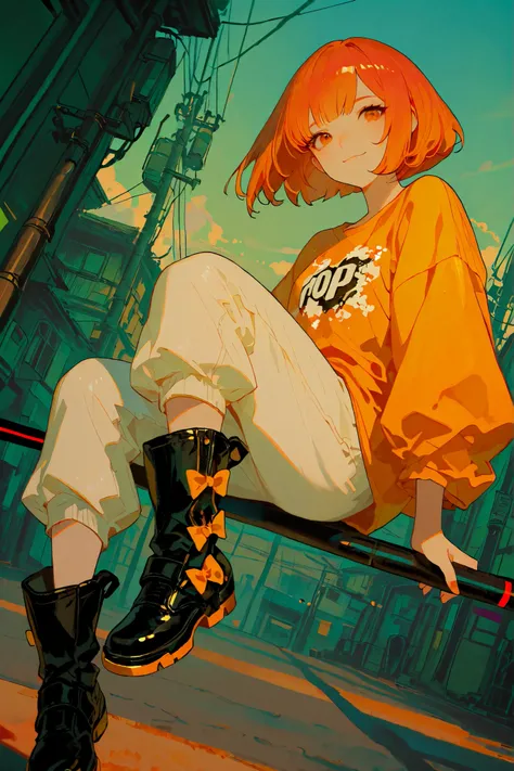 (masterpiece, best quality),(pop poster style),solo,sherryg,a girl riding on swings,pink orange bob hair,big warm orange eyes,gentle smile,wearing cool stylish clothes,orange fluffy shirt with white patterns,tiny long pants,nikkapokka style,black laser boo...