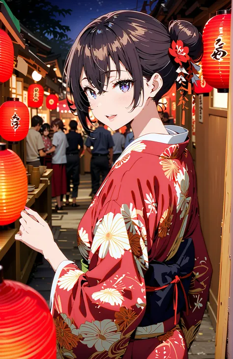 yuki suou, bungs, brown hair, black hair with a young pattern,side lock, smile,cover,open your mouth,single bun hair,Nape, o, purple eyes,flower hair ornament,Black flower pattern kimono,Light up fireworks,Japanese stalls ,night,Red Lantern,standing,full b...