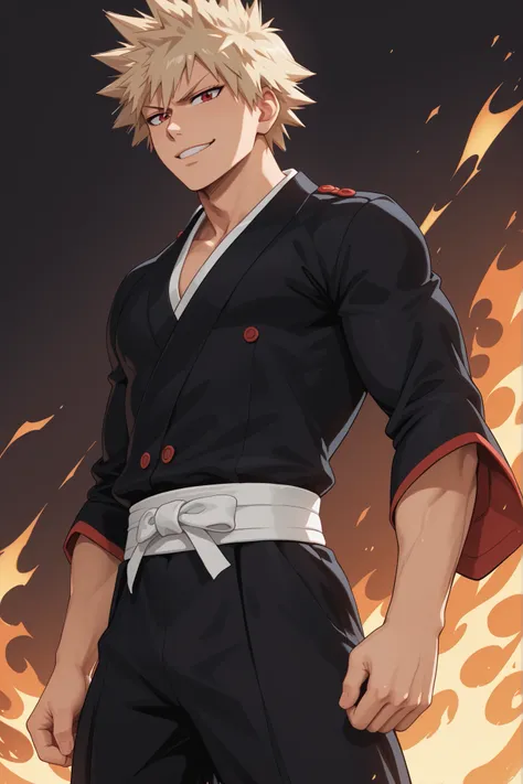 Masterpiece, ultra-detailed, 4K, HD, perfect lighting, bleach shinigami, battle-focused. ((cowboy shot)), Bakugou reimagined as an elite officer of the 11th Division, spiky ash-blonde hair, fierce red eyes glowing intensely with reiatsu energy. Muscular an...