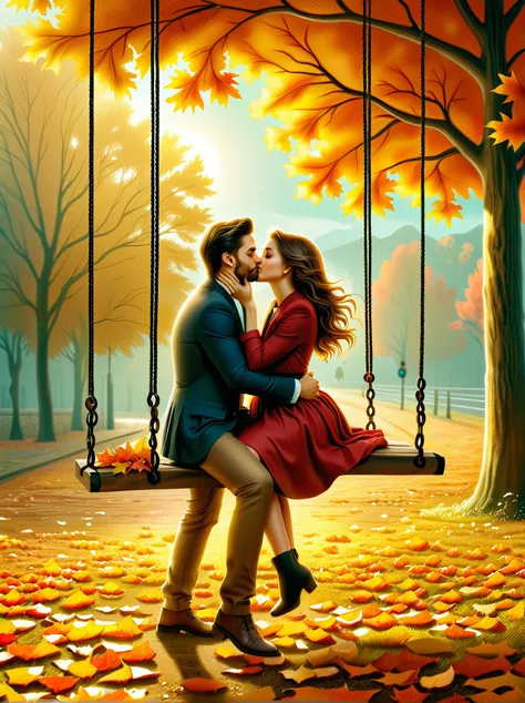 Photo of two people,couple sitting on swings in autumn,passionate kisses,stunning scenery, golden autumn leaves ,beautiful detailed eyes,beautiful lips, drawn in detail,extremelydetailedeyesandface,long lashes,Cozy autumn outfits,warm colors,sunlight throu...