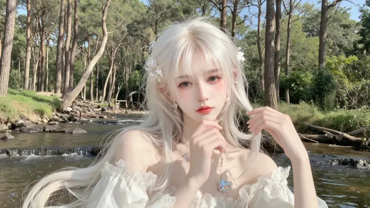 The woman sits gracefully by a quiet creek caressing her hair,in the center of a mysterious forest。projects a mottled pattern on the forest floor,The gentle sunlight passes through the groves,} The body is surrounded by the natural beauty of the surroundin...