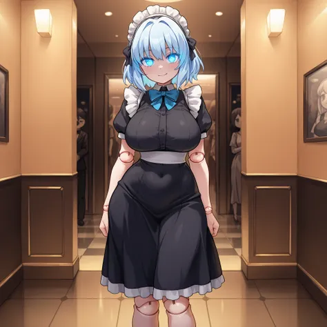 girl doll, maid suit, blue bow,  floor-length dress  . short light blue hair, 1 girl, (one) , ((doll joints)), hips,(kind face), doll joints того же цвета что и одежда. big breasts, CURVY FIGURE, wide-hipped, толстые hips, fluorescent Blue glowing glass ey...