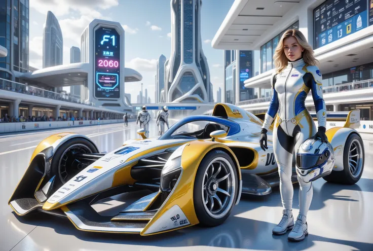Futuristic F1 racing car, white, yellow and blue shiny body, futuristic appearance, a female racer in a futuristic white and blue tight racing suit is leaning on the side of the car body, she is about 20 years old, long-haired blonde, she is smiling and ho...