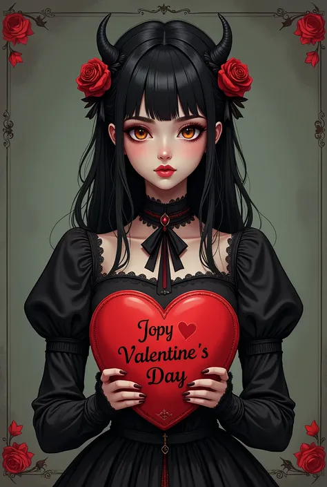 Gothic girl holds a heart-shaped box with a joyful Valentine's Day message, picture, inspired by Tom Bagshaw, pixiv contest winner, gothic art, Rin Tosaka , gothic anime girl, Natalie Shaw tom bagshaw, dreamy gothic girl , artstyle tom bagshaw , gothic ...